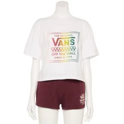 Juniors' Vans Cropped Rainbow "Off The Wall" Logo Graphic Tee